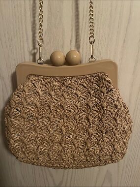 Urban Expressions Beige Woven Frame Clutch Bag with Gold Chain